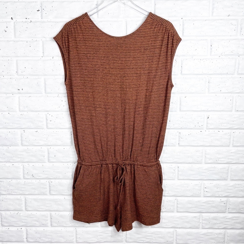 PRANA Retrieve Romper in grey & brown stripe with pockets & deep V Back